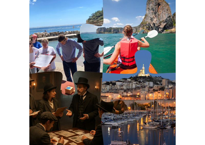 Montage de diverses activités de team building comprenant du kayak en mer, une enquête immersive costumée et une vue nocturne de Marseille.